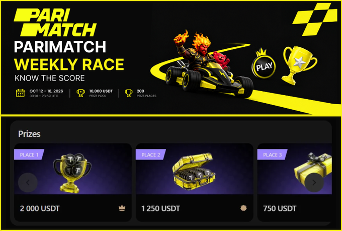 A 'PARIMATCH WEEKLY RACE' promotional banner dated 'OCT 12-18, 2026' showing a kart-racing character with prizes: 1st Place '2,000 USDT' (trophy), 2nd Place '1,250 USDT' (gold chest), and 3rd Place '750 USDT' (gift box).