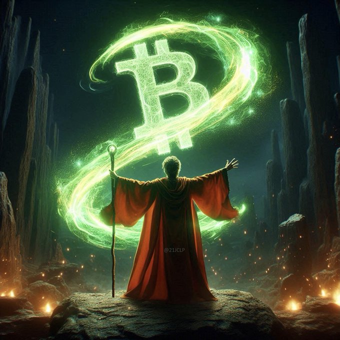 A fantasy digital artwork showing a figure in a red robe standing before a glowing green Bitcoin symbol with swirling energy, surrounded by a dark, rocky landscape.