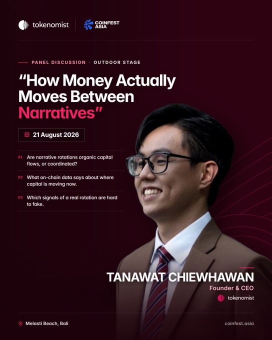 Promotional poster for Coinfest Asia featuring Tanawat Chiewhawan, Founder & CEO of Tokenomist, speaking on the "How Money Actually Moves Between Narratives" panel discussion at the Outdoor Stage on 21 August 2026 in Melasti Beach, Bali. The poster highlights the panel's key questions about whether crypto narrative rotations are organic or coordinated and what on-chain data reveals about capital movement.