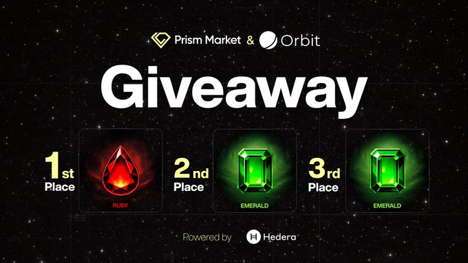A promotional giveaway graphic for Prism Market and Orbit, displayed against a starry space background. It showcases the prizes—1st Place Ruby NFT and 2nd/3rd Place Emerald NFTs—and notes that it is powered by Hedera, aligning with the partnership giveaway announcement.