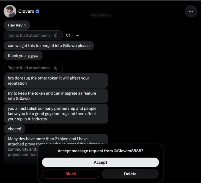 The image shows a screenshot of a cellphone displaying the contents of an incoming text message from someone named Kevin. The text states that "When they try fud this hard, there's a reason why.. Know what you hold @gitlawb is FREE here and MEGA BULLISH @Cloverx8888". A button with two options is displayed in the bottom right corner of the image. One option is to block Kevin, while the other is to accept his message. The screen also shows some other text related to a conversation between Kevin and someone named Cloverx8898 at a company called Gitlawb.
