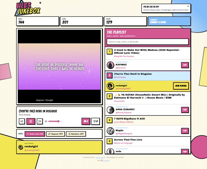 Screenshot of a 'Web3 Jukebox' interface showing a playlist with songs like '(I Used to Make Out With) Medusa' and '(You're The) Devil In Disguise' by Elvis Presley, currently playing rockstgirl's submission.
