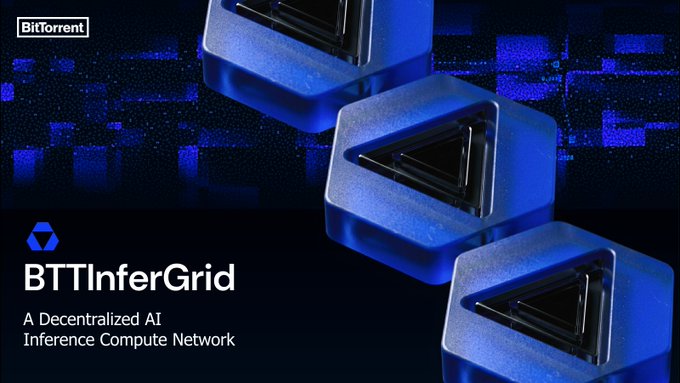 The image features the BitTorrent logo and text reading "BTTInferGrid - A Decentralized AI Inference Compute Network" displayed alongside blue, futuristic geometric blocks on a dark pixelated background. This visually introduces BitTorrent's new AI compute initiative, complementing the post's discussion of how BTTInferGrid addresses the real-world problem of limited and inefficiently distributed GPU resources for AI development.
