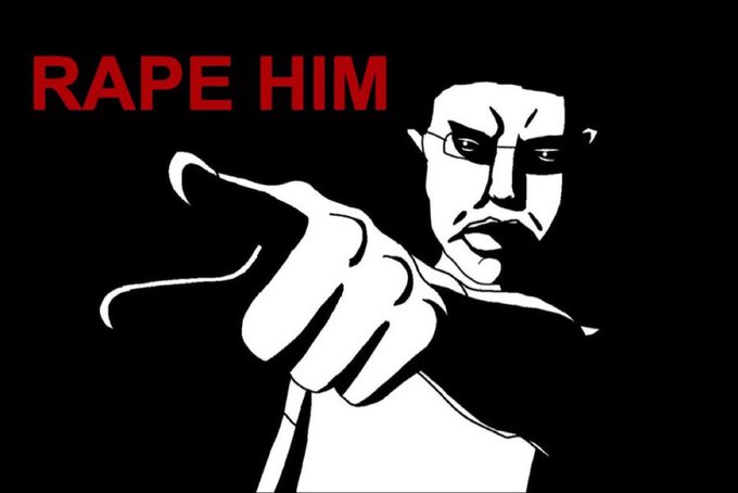 A stark black-and-white cartoon figure points directly at the viewer with an intense, accusatory expression, accompanied by the bold red text "RAPE HIM" in the upper left corner. The image functions as a reaction meme suggesting hostile confrontation, though pairing such graphic text with a casual crypto-install context creates jarring, disturbing dissonance.