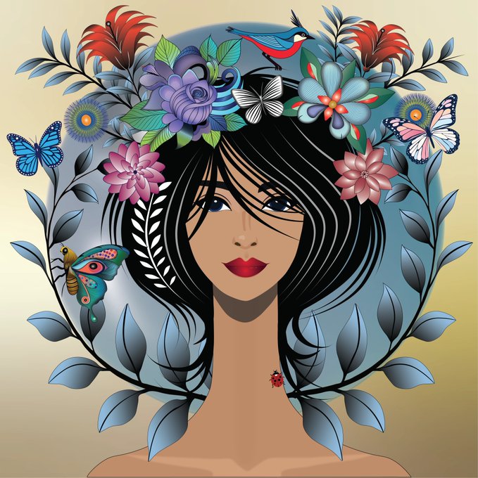 An illustrated portrait of a woman with dark hair adorned with a colorful floral crown featuring butterflies, birds, and leaves.