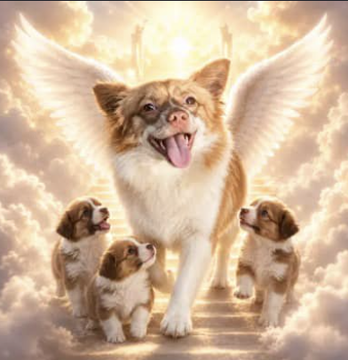 A digitally rendered image shows a large angel-winged dog with its tongue out standing on a golden staircase in the clouds, surrounded by three small puppies, with radiant light beaming behind them.

The image's angelic, "breaking through to heavenly heights" theme visually echoes the post's hopeful sentiment about a breakout narrative rising beyond expectations.