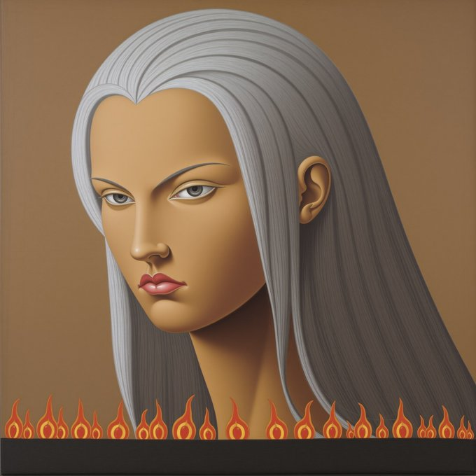 A stylized digital portrait of a woman with long silver/grey hair against a brown background, with flames illustrated along the bottom edge.
