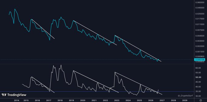 The image shows a TradingView chart of Litecoin (LTC/USD) with descending trendlines indicating a long-term downtrend from 2014 to 2027, with both price and RSI showing lower highs and lower lows, suggesting bearish momentum that aligns with the post's question "You in the lineup?" about holding LTC despite the prolonged decline.