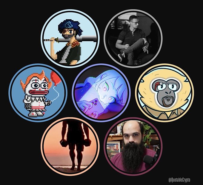 A collage of seven circular profile pictures on a black background, including a pixelated pirate, a man in a black shirt, a pixelated clown, a blue-skinned anime character, a monkey in a banana suit, a silhouette at sunset, and a bearded man. Watermarked '@QuotableCrypto'.