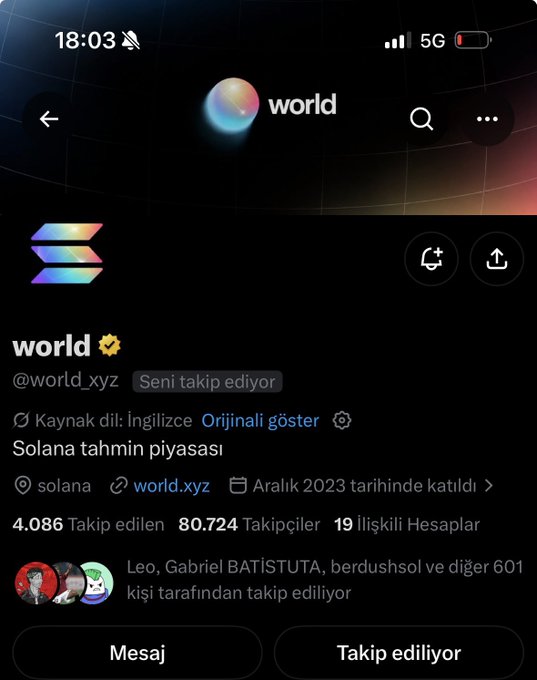 A mobile screenshot of a Twitter/X profile for 'world' (@world_xyz) displayed in Turkish, showing 4,086 likes, 80,724 followers, and mentioning 'Solana tahmin piyasası' (Solana prediction market).