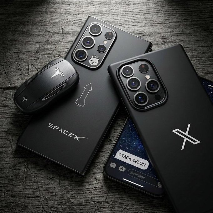 Two black Samsung smartphones and a black earbuds case displayed on a dark wooden surface, featuring SpaceX branding, a dog face sticker on the camera, and an 'X' logo on one phone with a screen displaying 'STACK $ELON'.