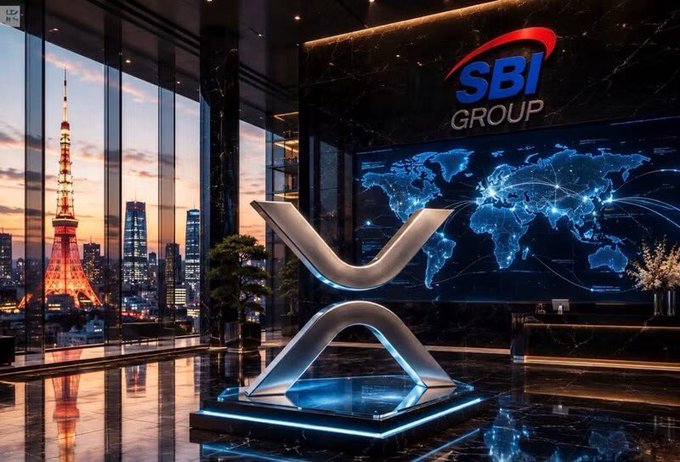 A modern corporate lobby features a digital world map display, a futuristic silver sculpture, and the 'SBI GROUP' logo, with the Tokyo Tower visible through the floor-to-ceiling windows at sunset.