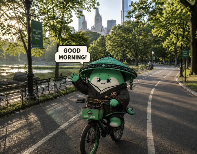 The image features a cartoon character, possibly an anime character, riding a bicycle down a street with a banner that reads "Good morning!". This suggests that the scene takes place in New York City during the morning hours. The character appears to be wearing a hat or headdress and is holding onto a basket on the front of the bike.

The post seems to be promoting an event, possibly related to anime fans or a similar gathering. The image includes text that reads "GM baby orca fans", which could indicate that this event is specifically for fans of the popular Japanese animated series "GM baby" or another anime character with a hat or headdress theme.