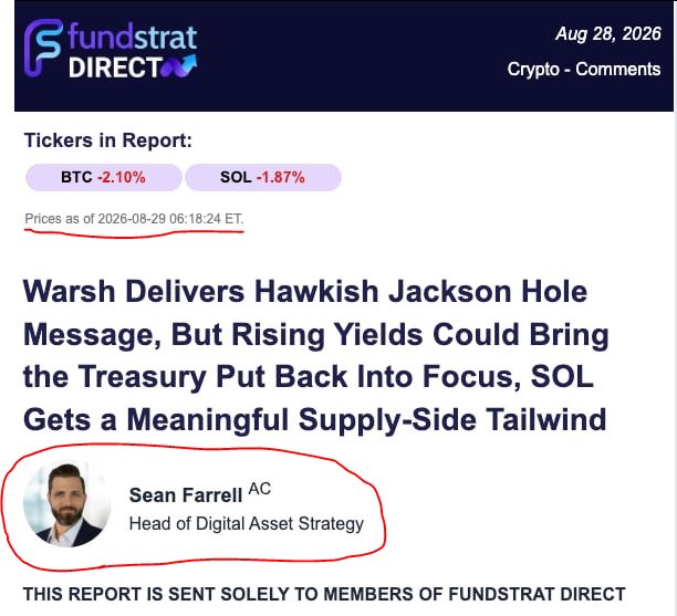 The image is a Fundstrat Direct crypto report dated August 28, 2026, titled "Warsh Delivers Hawkish Jackson Hole Message, But Rising Yields Could Bring the Treasury Put Back Into Focus, SOL Gets a Meaningful Supply-Side Tailwind," with tickers BTC (-2.10%) and SOL (-1.87%), authored by Sean Farrell (circled in red), Head of Digital Asset Strategy.

This relates to the post by highlighting Sean "Farrell" as a prominent Fundstrat analyst who called Bitcoin's low point in 2026, lending credibility to the claim that a strong break above $81K would officially trigger the Bitcoin bull market switch.