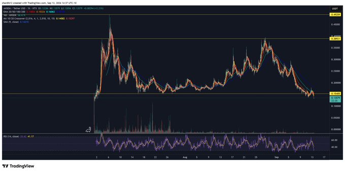 The image is a TradingView chart showing the SOL/USDT pair on Binance, with the solana cryptocurrency price peaking around $0.21 in late June before declining sharply. The accompanying post mocks followers of the crypto influencer Ansem who likely promoted Solana at its highs, as the chart now shows the asset's dramatic crash to around $0.146, illustrating the painful losses sustained by those who bought in based on his bullish calls.