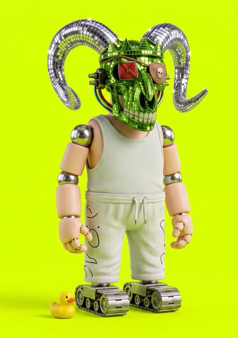 A metallic green horned robotic figure with tank treads for feet stands against a bright yellow-green background next to a small rubber duck, matching the surreal, collectible-toy aesthetic of the "15 Demonic Outlaws" referenced in the post.