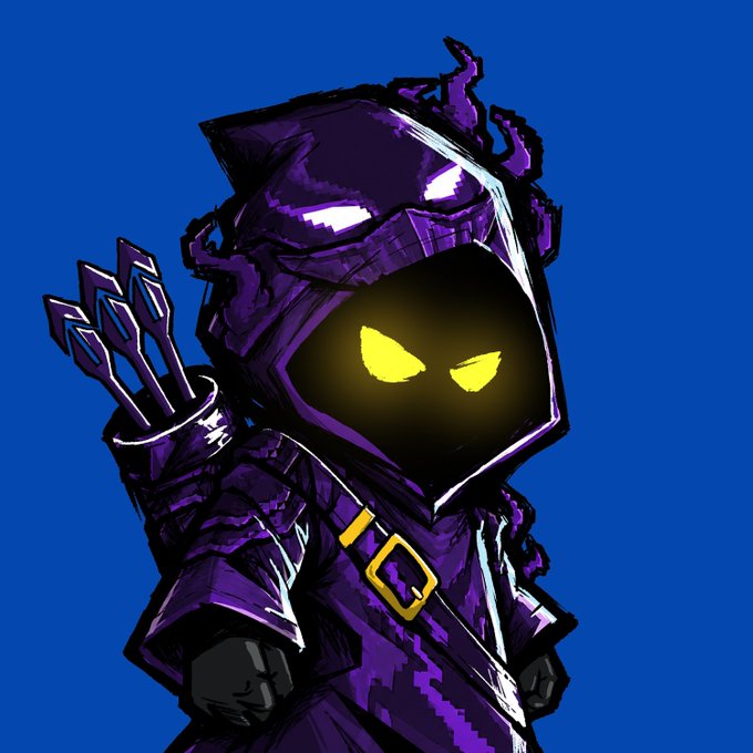 A digital illustration depicts a hooded archer character in purple armor with glowing yellow eyes, carrying a quiver of arrows against a solid blue background.