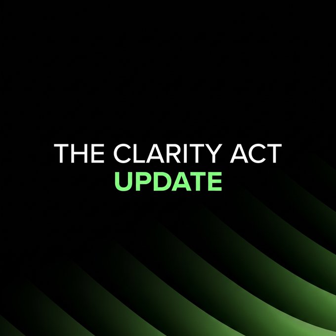 The image features bold white and green text reading "THE CLARITY ACT UPDATE" against a black background with subtle green wave patterns in the lower right corner, serving as a header graphic for news about the failed Senate cloture vote on the CLARITY Act, which fell short of the 60 votes needed to advance formal debate on digital asset regulation.