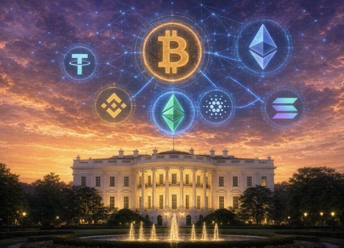An image showing cryptocurrency logos (including Bitcoin, Ethereum, Tether, BNB, Solana, Cardano) overlaid on the White House at sunset.