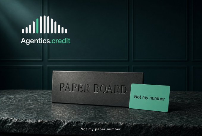 A promotional image for 'Agentics.credit' featuring a black 'PAPER BOARD' and a green 'Not my number' tag, with the text 'Not my paper number.'