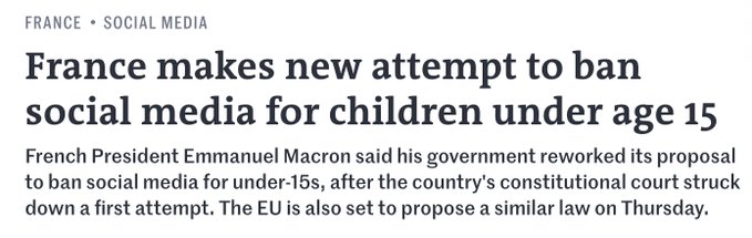 A news headline reading 'France makes new attempt to ban social media for children under age 15' with a subheading about President Emmanuel Macron and a similar EU law.