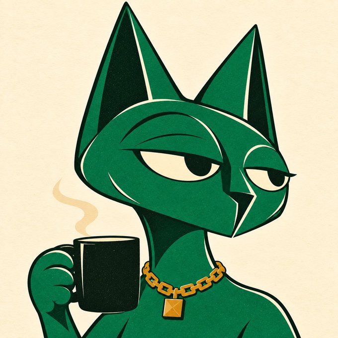 A stylized illustration shows a green cat-like figure with a smug expression, wearing a gold chain and holding a steaming black coffee mug. The relaxed, confident pose pairs perfectly with the lighthearted "Gm, TGIF" vibe, evoking that Friday morning coffee energy before the weekend kicks in.