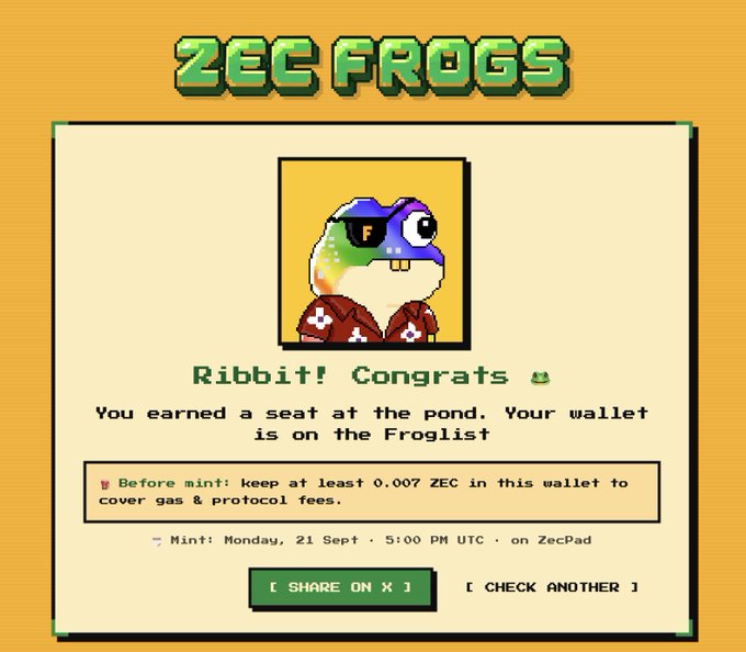 A pixel-art style confirmation screen for ZEC FROGS NFT mint on ZecPad, displaying a frog character with an eye patch and text 'Ribbit! Congrats - You earned a seat at the pond.'