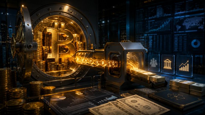 A digital artwork depicting a glowing golden Bitcoin symbol inside a vault, with golden coins and dollar bills flowing out alongside futuristic financial charts, blockchain icons, and cryptocurrency symbols.