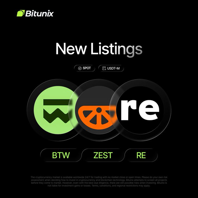 A Bitunix promotional graphic announces "New Listings" on its SPOT and USDT-M markets, featuring three circular token icons labeled BTW (Bitway, green), ZEST (orange), and RE (Re, white). The image aligns with the post announcing that Bitway, Zest, and Re are now live for trading on Bitunix Spot and Futures.