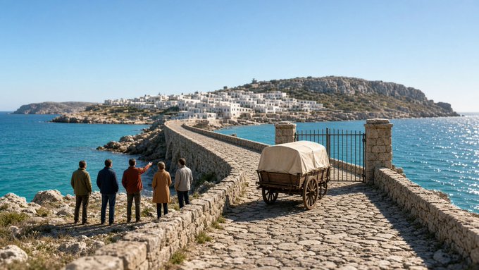 Five people standing on a stone pathway by the sea, looking out toward a white Mediterranean-style coastal town, with a wooden cart with a white canopy beside them.