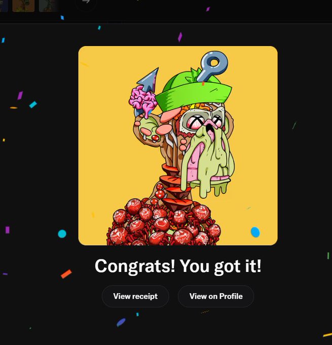A digital reward screen displays "Congrats! You got it!" beneath a cartoon image of a grotesque zombie-like figure with a can opener hat, with buttons to "View receipt" and "View on Profile".