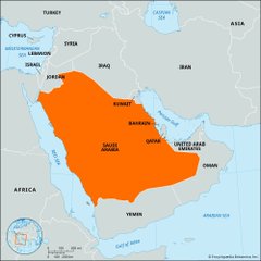 A map of the Middle East highlighting Saudi Arabia in orange, with neighboring countries including Iran, Iraq, Turkey, and Egypt labeled.