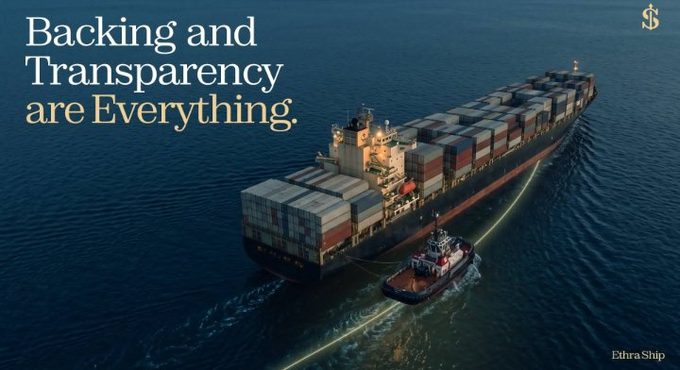 An aerial view of a container ship being assisted by a tugboat, with the text 'Backing and Transparency are Everything.' and 'Ethra Ship' branding.