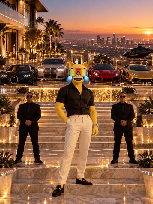 An AI-generated image featuring a humanoid dog figure wearing sunglasses and a black shirt, standing on a luxurious staircase flanked by two suited bodyguards, with luxury cars and a city skyline at sunset in the background.