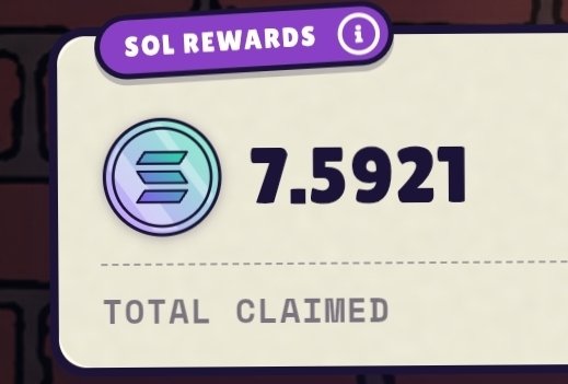A rewards interface showing SOL REWARDS with a Solana coin icon, displaying 7.5921 SOL total claimed against a brick wall background.