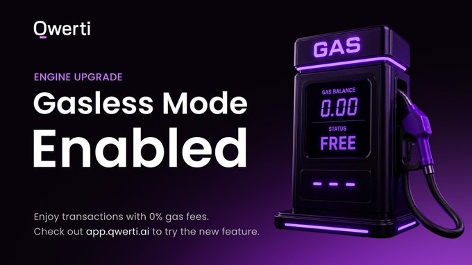 A promotional graphic for Qwerti announcing 'Engine Upgrade: Gasless Mode Enabled' with 0% gas fees at app.qwerti.ai, featuring a neon purple gas pump illustration.