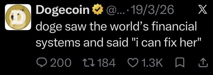 A screenshot of a Dogecoin social media post reads: 'doge saw the world's financial systems and said "i can fix her"', with 200 comments, 184 retweets, and 1.3K likes.