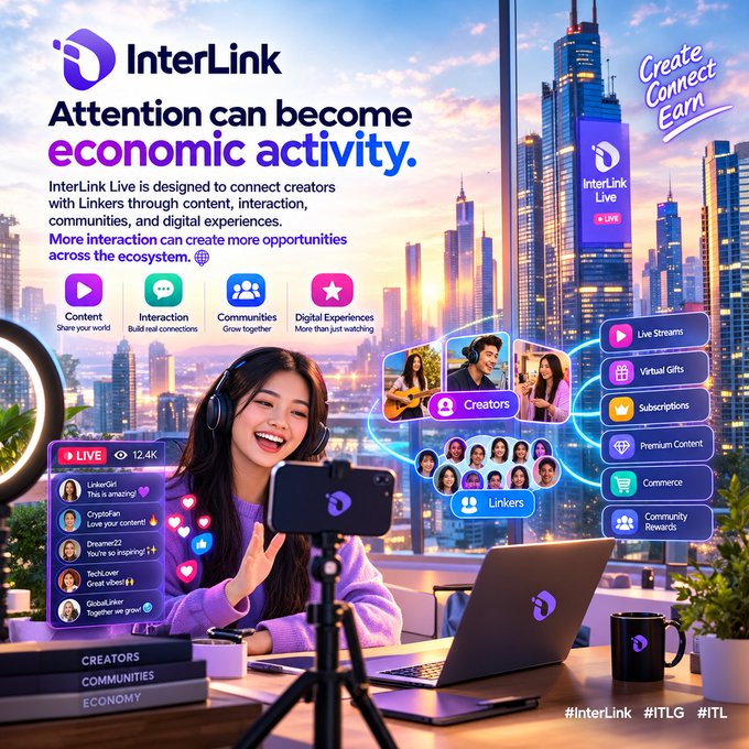 A promotional graphic for 'InterLink' displays the slogan 'Attention can become economic activity,' featuring a female streamer broadcasting from a modern apartment overlooking a city skyline.
