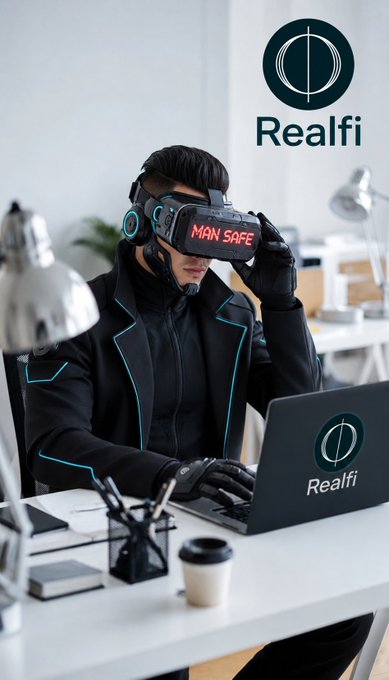 A man wearing a futuristic VR headset labeled "MAN SAFE" sits at a desk typing on a laptop branded with the "Realfi" logo, embodying the post's theme of innovative, tech-driven solutions for bridging traditional finance and decentralized Web3 ecosystems. The Realfi branding and sleek, forward-looking aesthetic reinforce the message of building a stronger decentralized financial future.