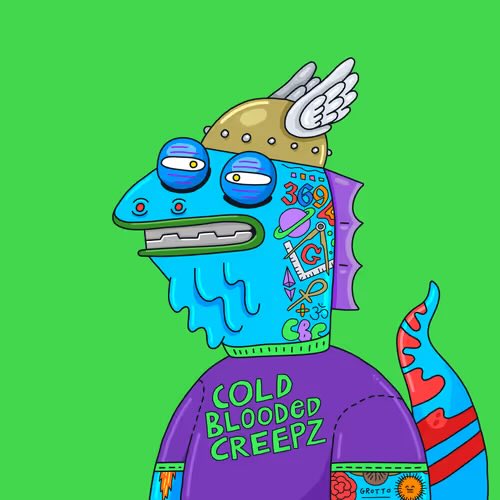 The image features a colorful cartoon character with a blue lizard-like face, half-shaved head with wings, and a purple shirt reading "COLD BLOODED CREEPZ," paired with a tail resembling the Ethereum logo. This crypto/NFT-themed avatar aligns with the post's message about diversifying in the digital asset space and connecting with a new community.