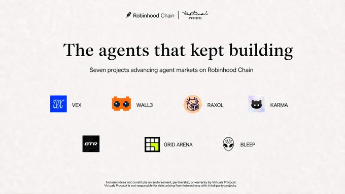 A promotional graphic titled 'The agents that kept building: Seven projects advancing agent markets on Robinhood Chain,' featuring logos for Web3 projects including VEX, WALL3, RAXOL, KARMA, GTR, GRID ARENA, and BLEEP, with a disclaimer at the bottom.