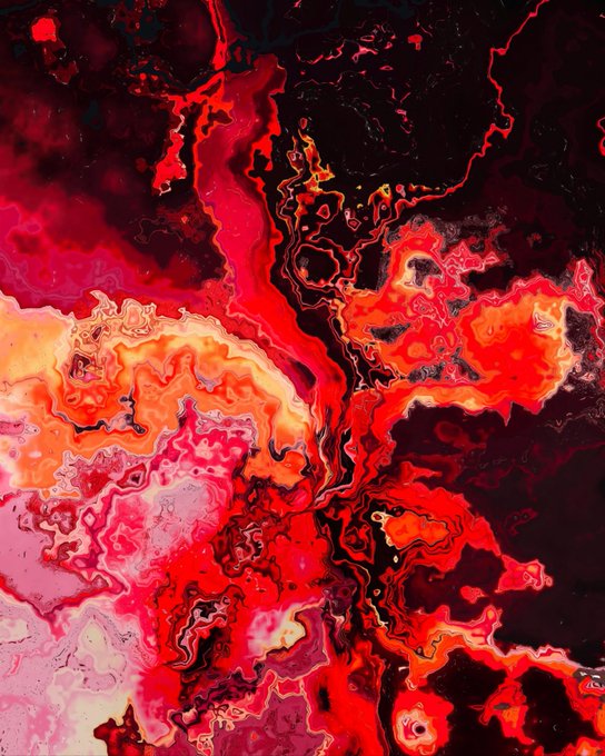 An abstract artwork featuring swirling patterns of red, orange, pink, and black that resemble flowing lava or marbled paint.