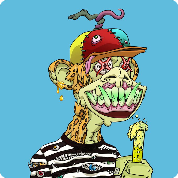 A cartoon illustration of a grotesque, zombie-like leopard character with green teeth, stitched-together colorful cap, and striped shirt, holding a bubbling flask of yellow liquid.