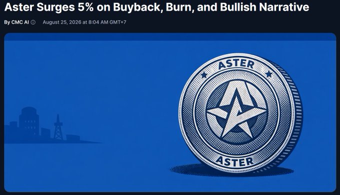 A digital article header reads 'Aster Surges 5% on Buyback, Burn, and Bullish Narrative' by CMC AI, dated August 25, 2026, accompanied by a silver ASTER cryptocurrency coin graphic.