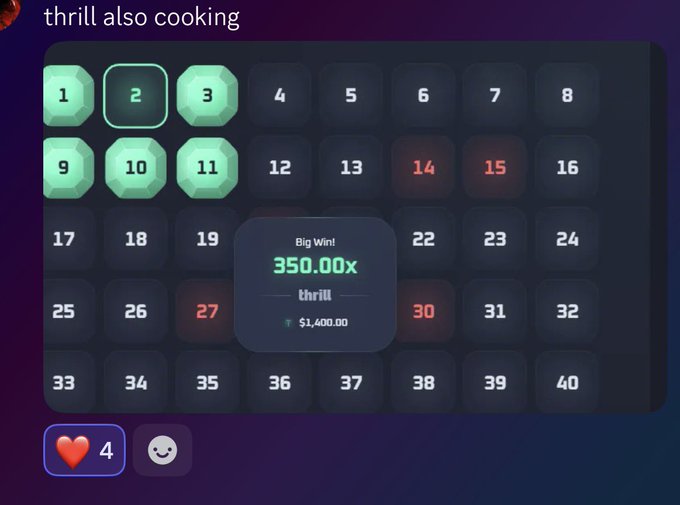 A screenshot of a gambling game displays a numbered grid with green highlights on 1-3 and 9-11, red highlights on 14, 15, 27, and 30, and a central popup announcing 'Big Winn! 350.00x thrill $1,400.00' with the caption 'thrill also cooking' at the top.