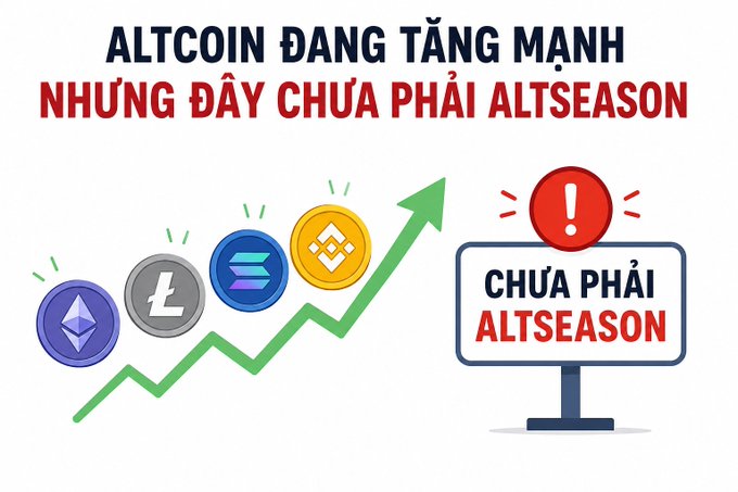 A graphic showing rising cryptocurrency logos with the Vietnamese text "ALTCOIN ĐANG TĂNG MẠNH NHƯNG ĐÂY CHƯA PHẢI ALTSEASON" and a warning sign reading "CHƯA PHẢI ALTSEASON".