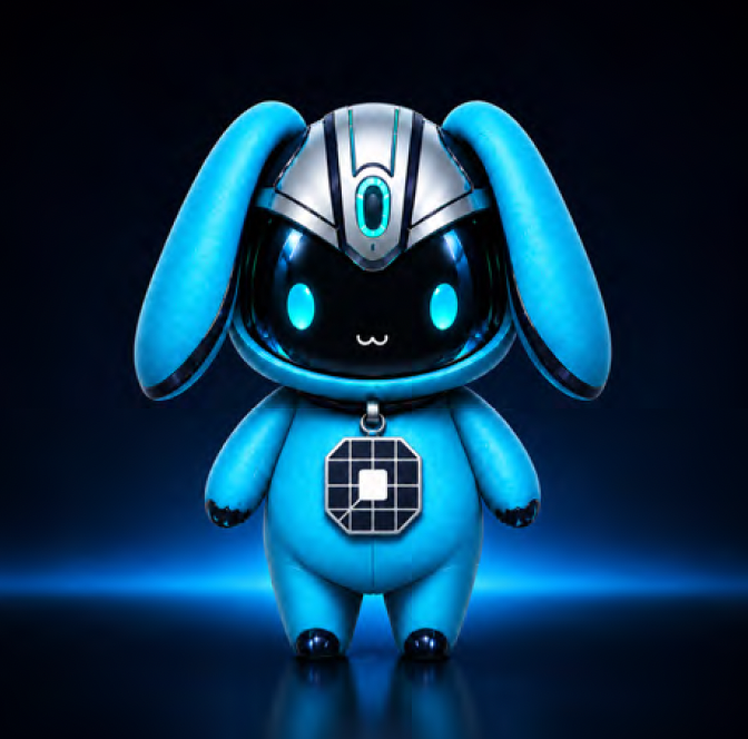 A cyan robotic bunny-like figure with glowing blue eyes, floppy ears, and a metallic silver forehead plate stands against a dark blue background, wearing a circular pendant featuring a microchip design that symbolizes the computing origins referenced in the post about @flop_labs' genesis myth of computers and AI.
