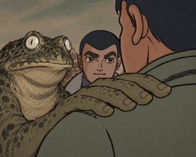 A vintage-style illustration of a giant frog with wide, surprised eyes wrapping its large hand around the shoulder of a man, while a younger man with dark hair looks on seriously from behind.