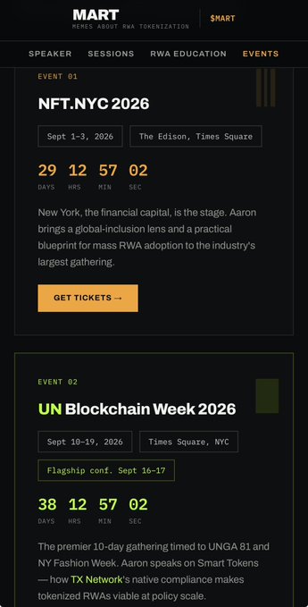 Screenshot of the MART (News about RWA tokenization) website showing Event 01 'NFT.NYC 2026' on Sept 1-3, 2026 at The Edison, Times Square, and Event 02 'UN Blockchain Week 2026' on Sept 10-19, 2026 in Times Square, NYC, both with countdown timers.