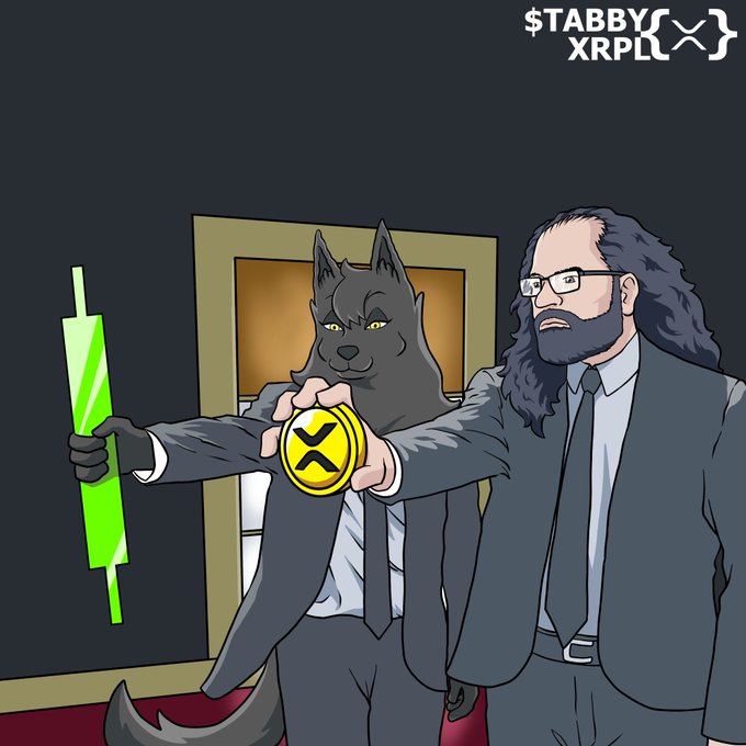 An illustration featuring a wolf-like humanoid in a suit and tie holding an XRP coin and a green chart, alongside a bearded man in a suit, with the text '$TABBY XRP' in the upper right corner.